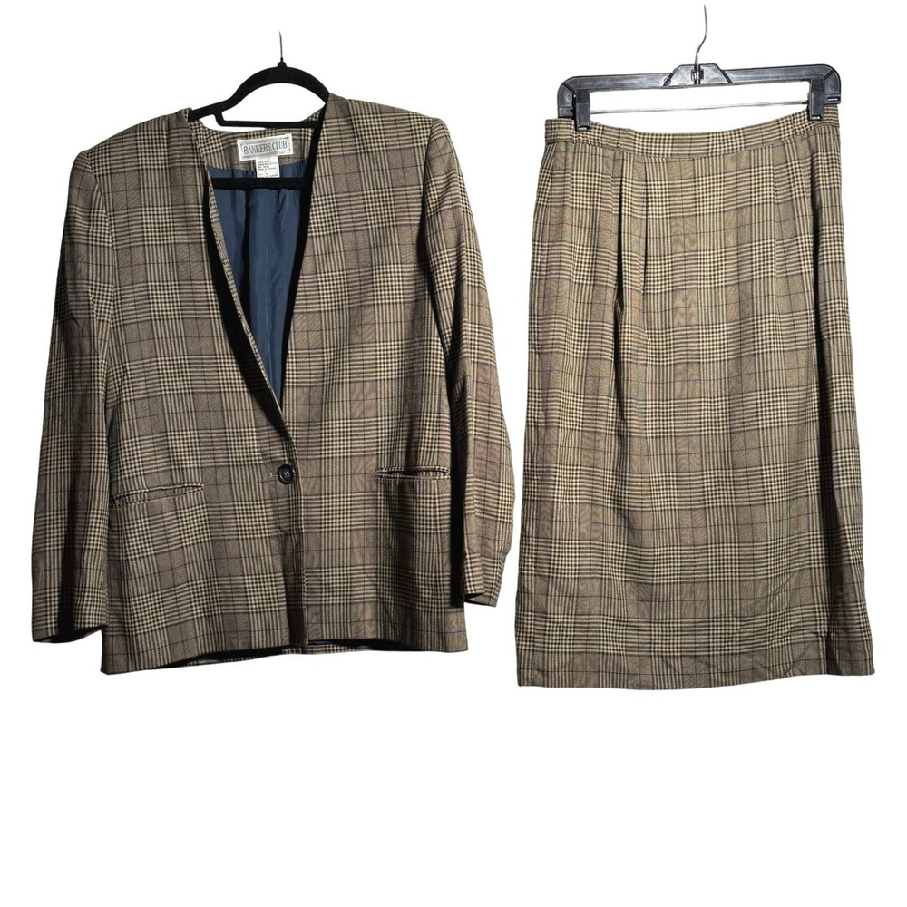 VTG Plaid Blazer Skirt Suit Set Brown 8 Academia Glamoratti Preppy Retro Office‎